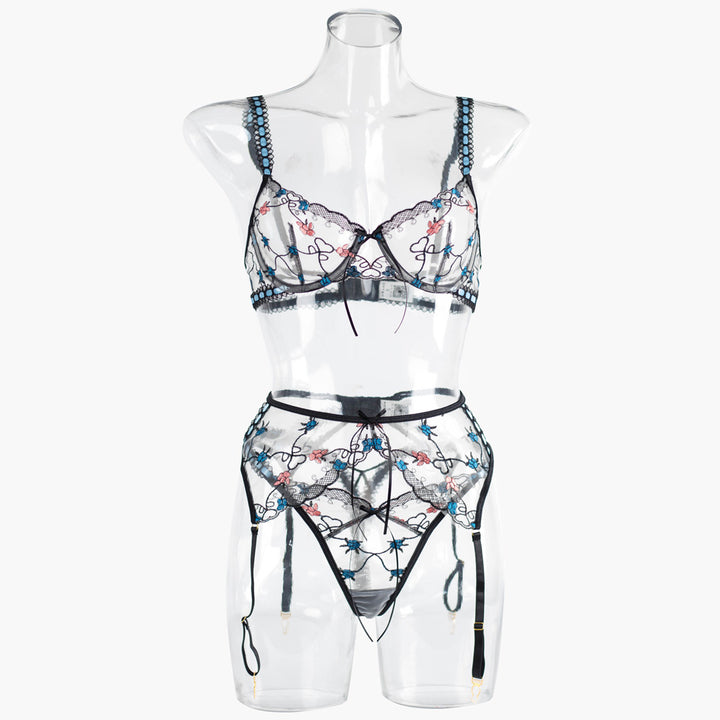 Floral Embroidered Sheer Lingerie Set