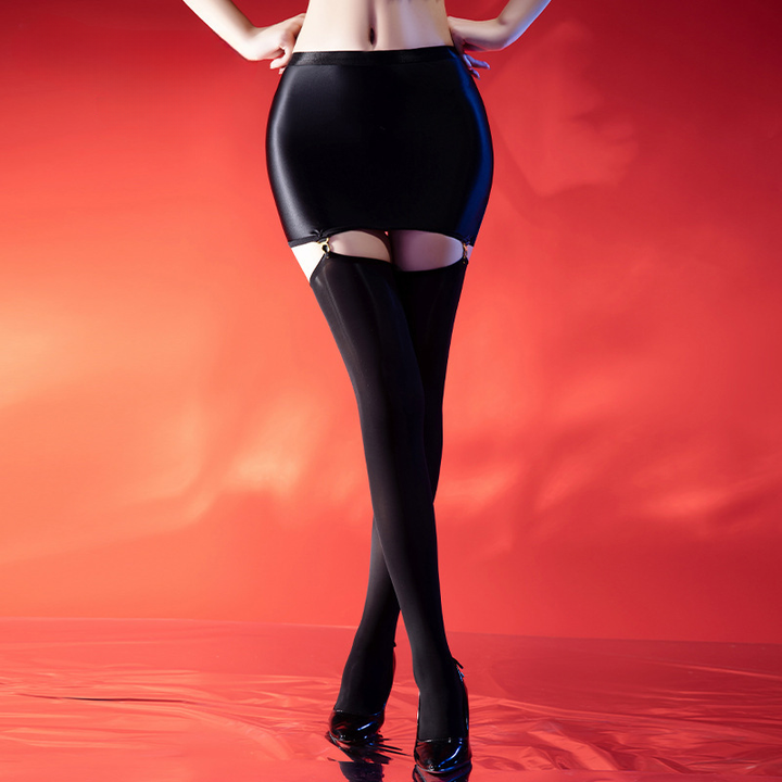Glossy Mini Skirt Thigh High Stockings
