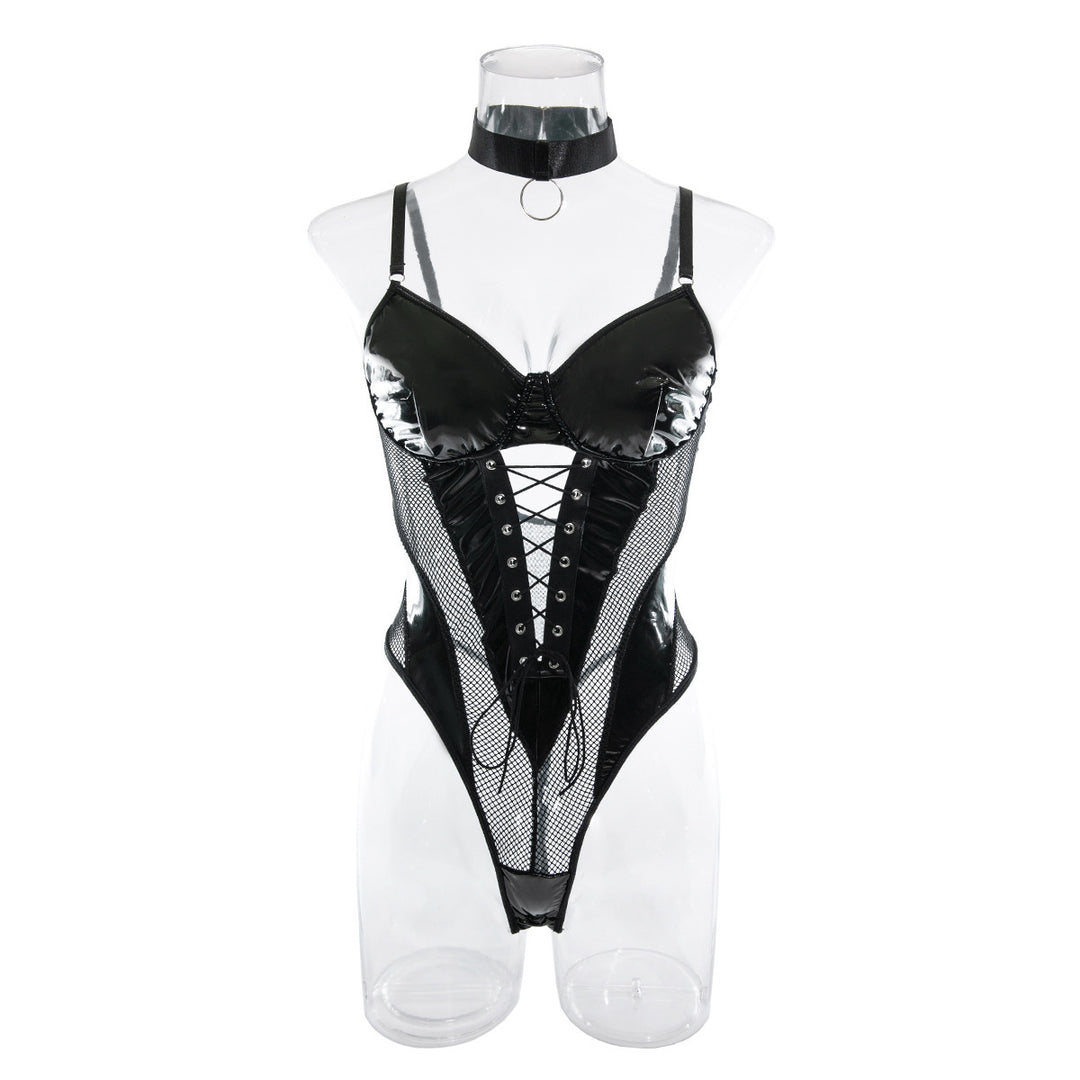 PU Leather Mesh Lace Up Backless Bodysuit