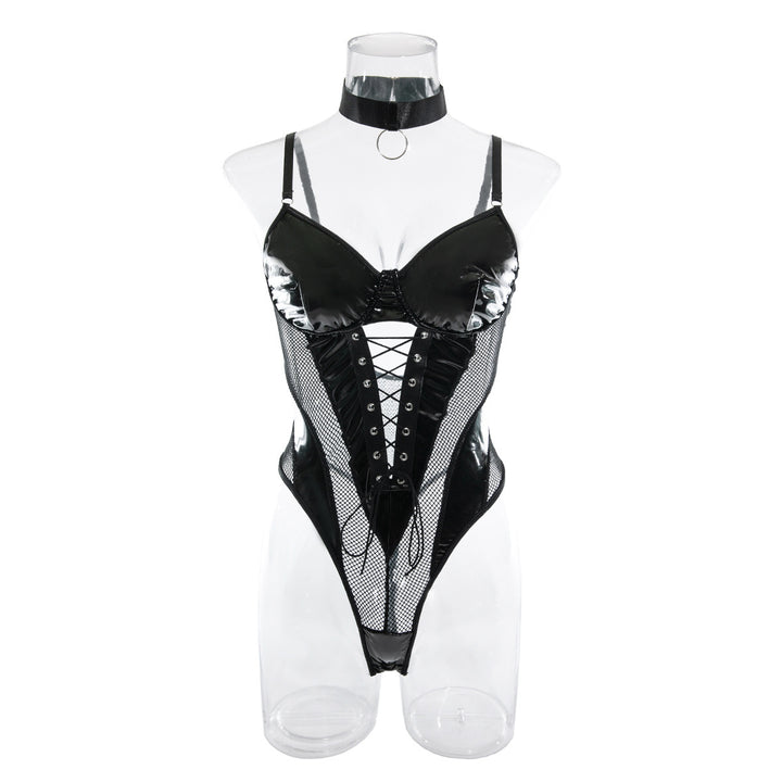 PU Leather Mesh Lace Up Backless Bodysuit