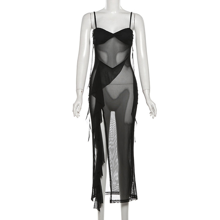 Sheer Mesh Asymmetric Maxi Dress