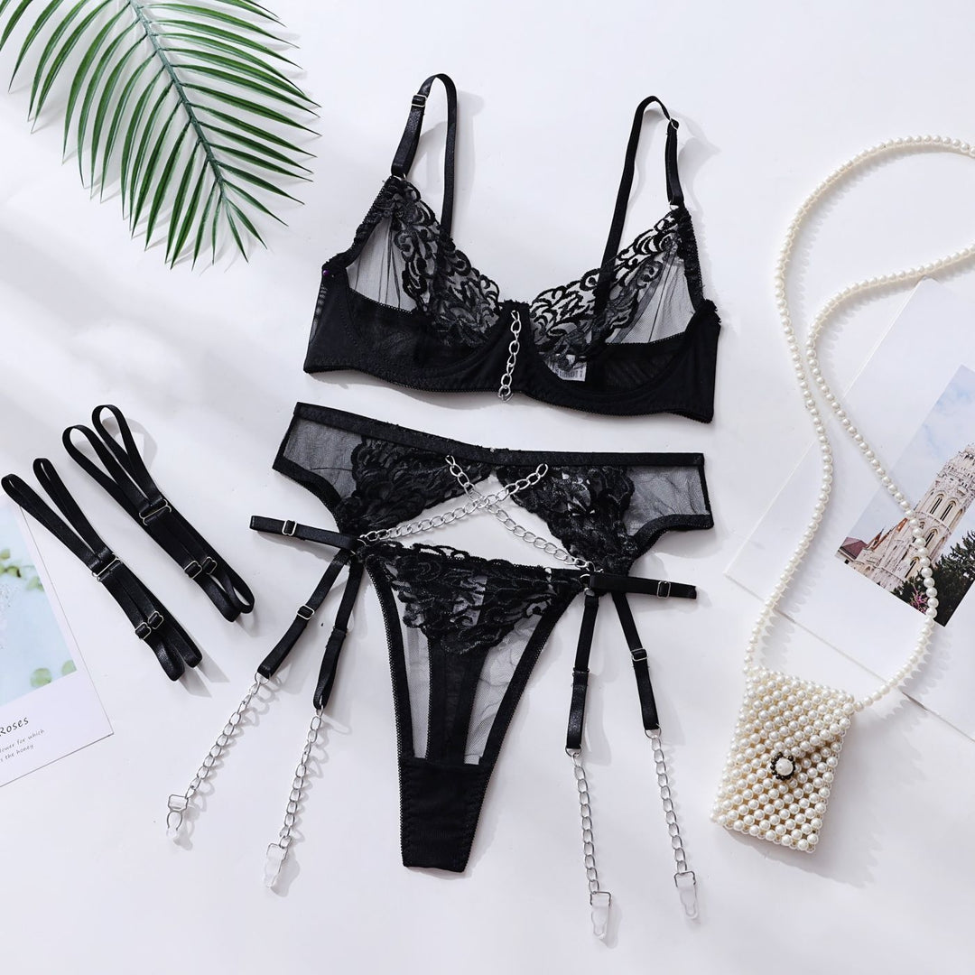 Metal Chain Embroidered Lingerie Set
