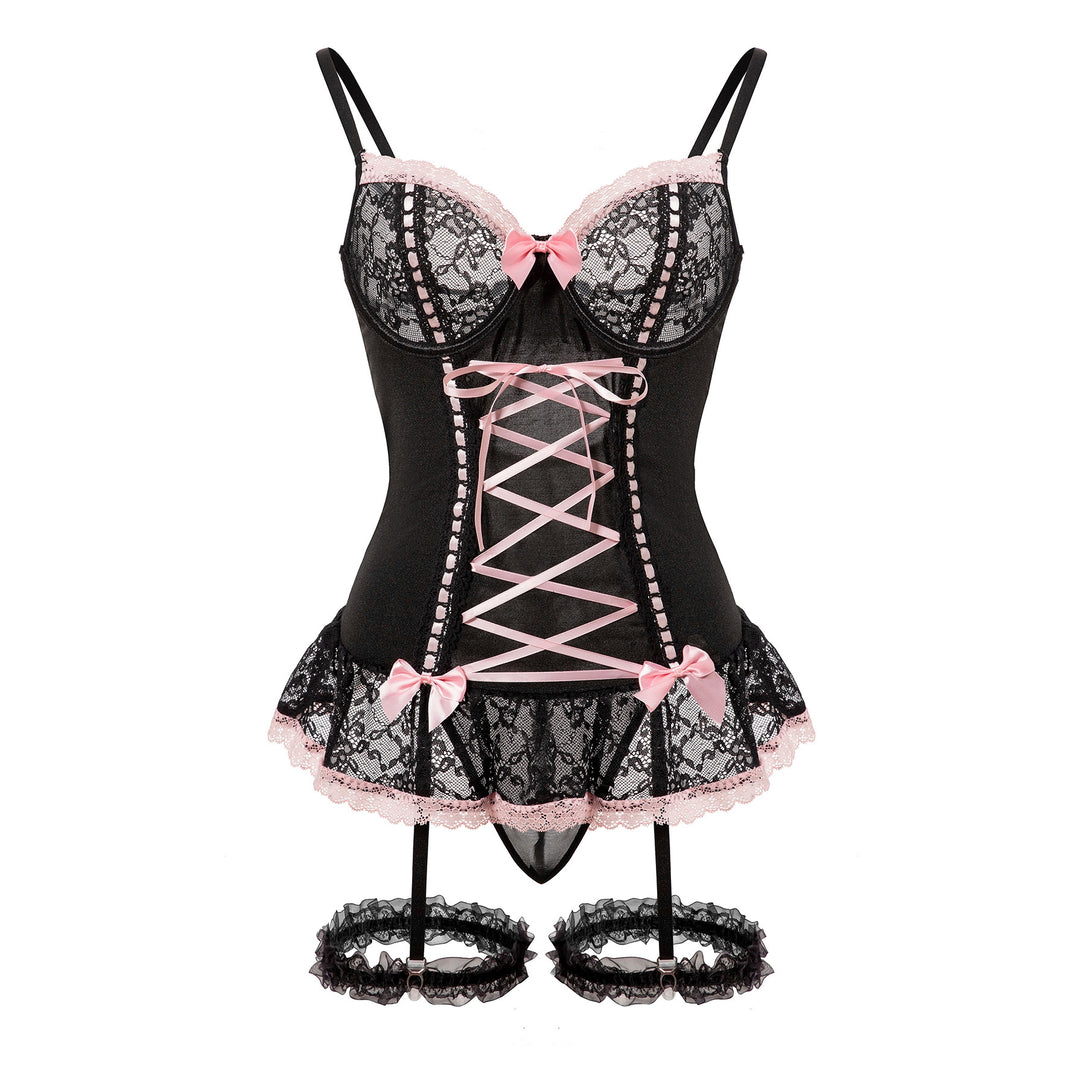 Lace Cross Strap Bow Lingerie Set