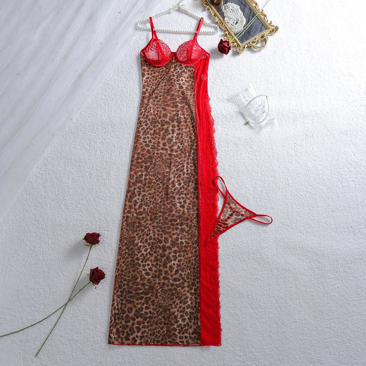 Leopard Print Sheer Lace High-Slit Chemise Set