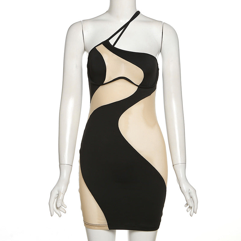 One-Shoulder Sheer Mesh Cutout Mini Dress