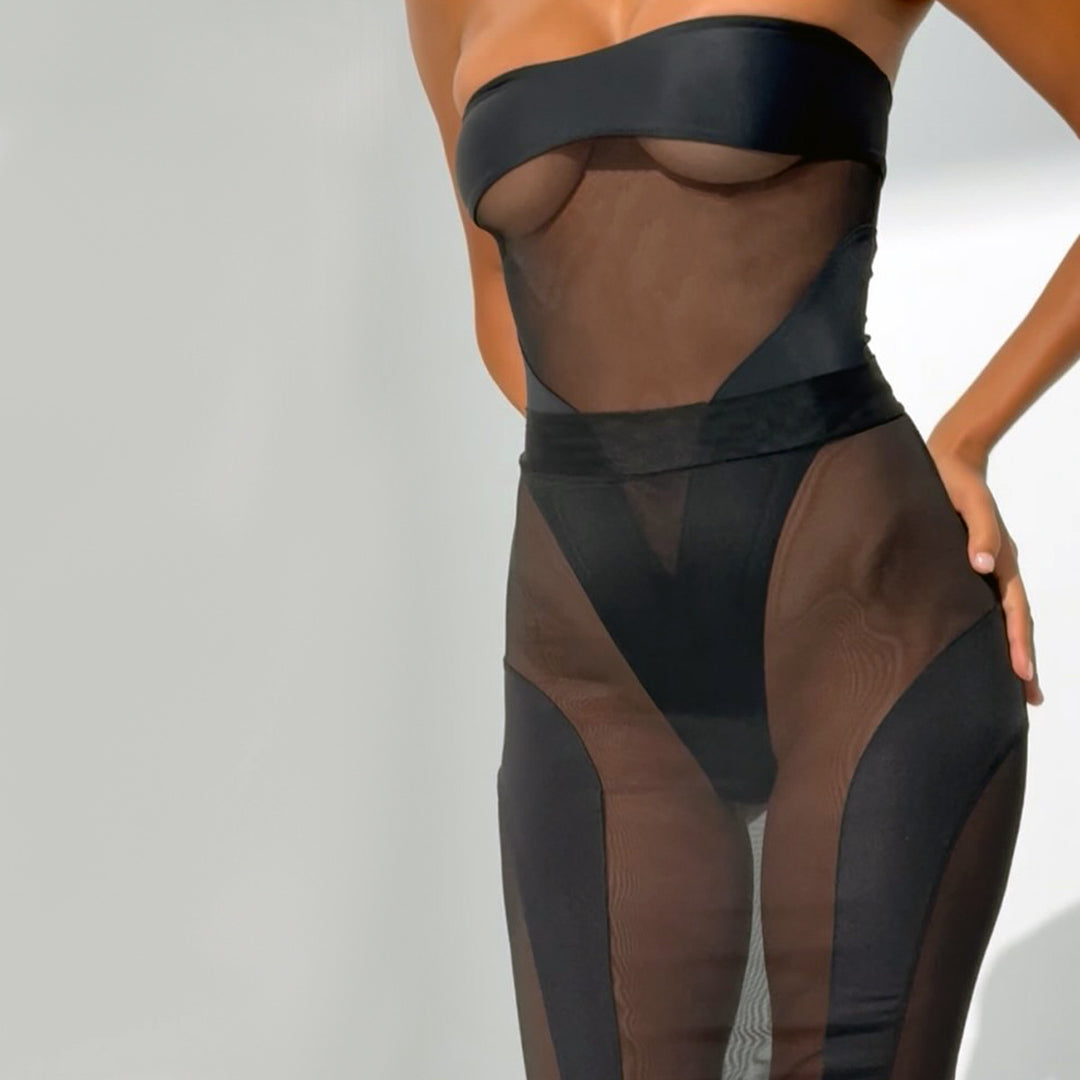 Sheer Mesh Strappy Corset Mini Dress Set