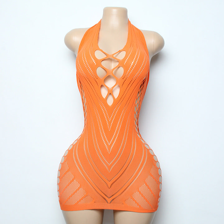 Seductive Cutout Mesh Halter Mini Dress