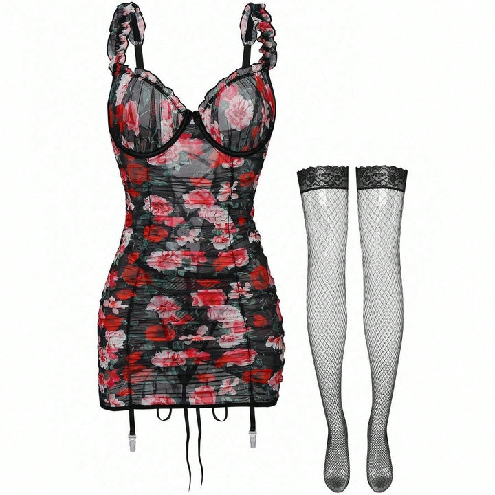 Floral Sheer Lace-Up Garter Dress