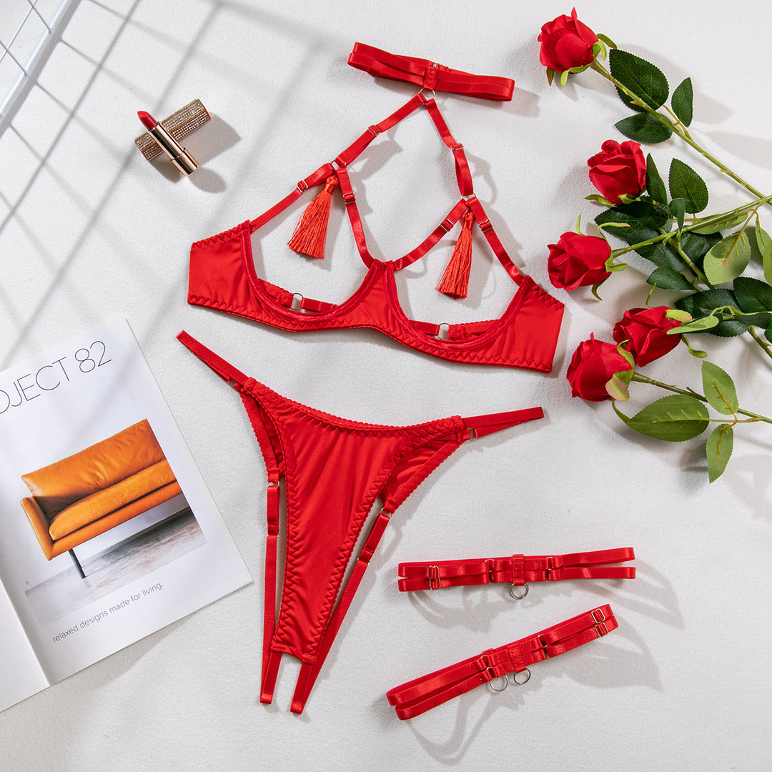 Sexy Tassel Open Cup & Crotch Lingerie Set