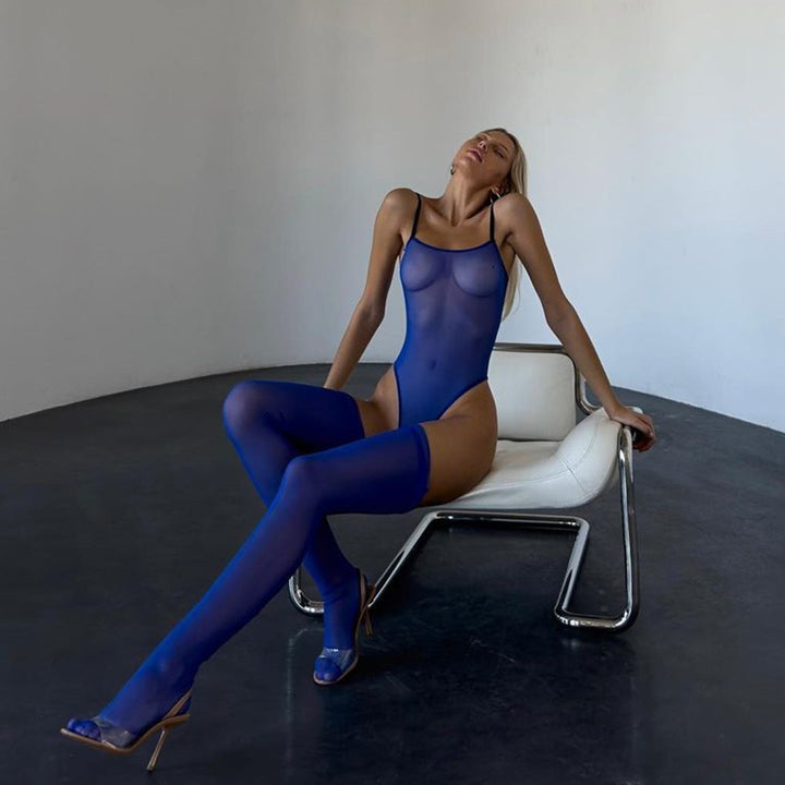 Sheer Mesh Bodysuit with Thigh High Stockings
