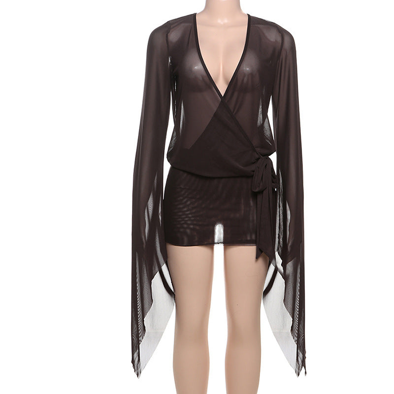 Deep Plunge Bell Sleeve Mini Dress
