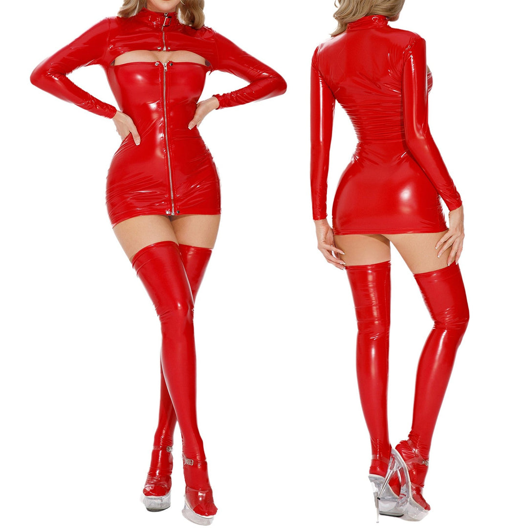 High Gloss Patent PU Zip Front Bodycon Mini Dress