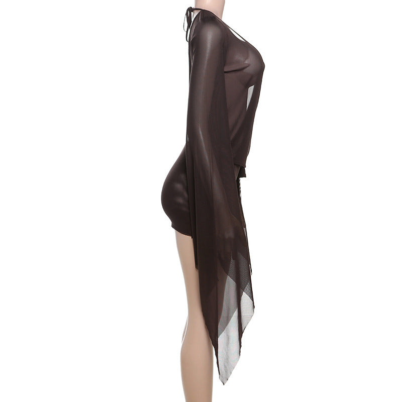 Deep Plunge Bell Sleeve Mini Dress