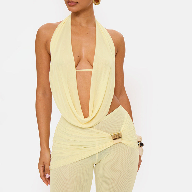 Draped Halter Backless Romper Set
