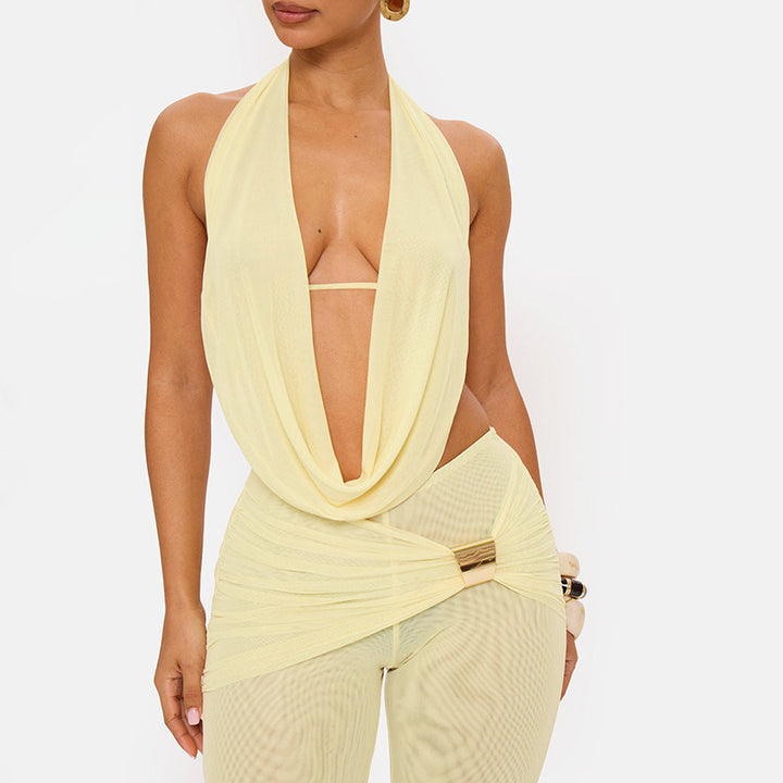 Draped Halter Backless Romper Set
