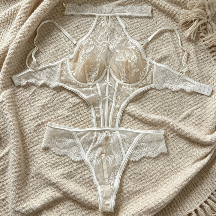 Embroidered Sheer Halter Bodysuit