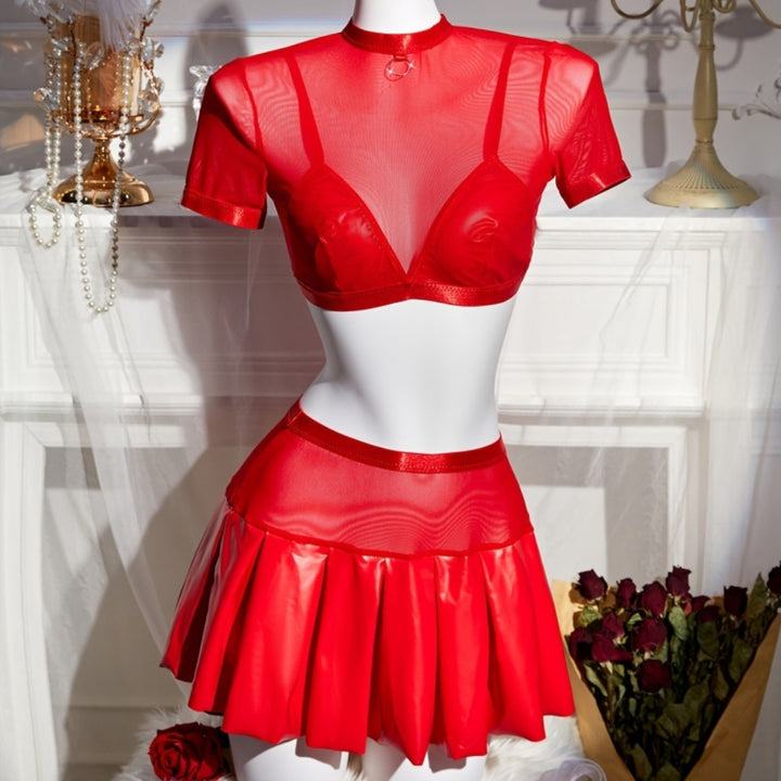 Red Mesh Pleated Skirt Set