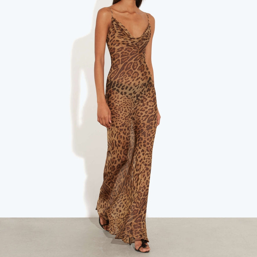 Leopard Print Cowl Neck Slip Dress