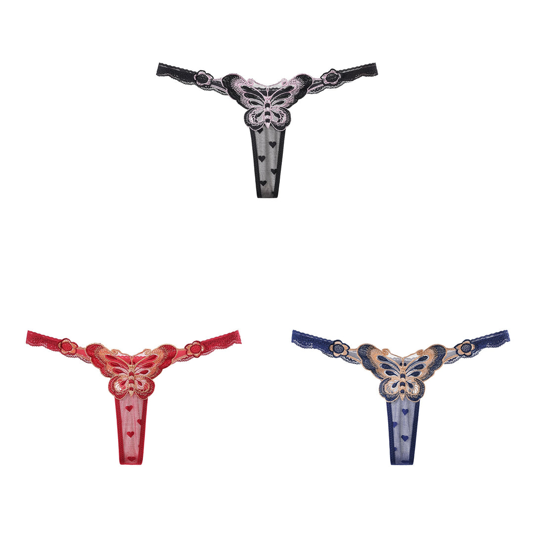 Butterfly Embroidered Sheer Lace Thong