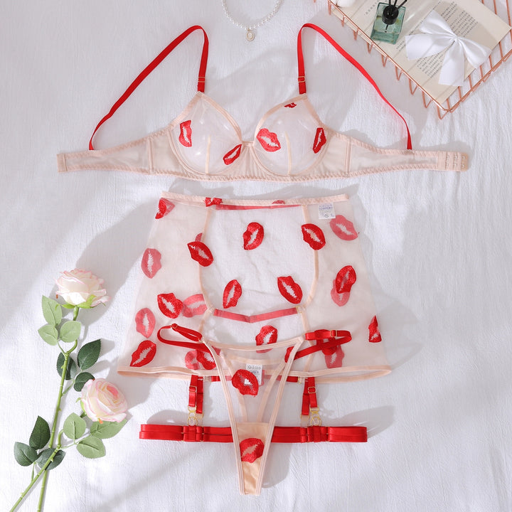 Sheer Red Lip Embroidered Mesh Lingerie Set 💋