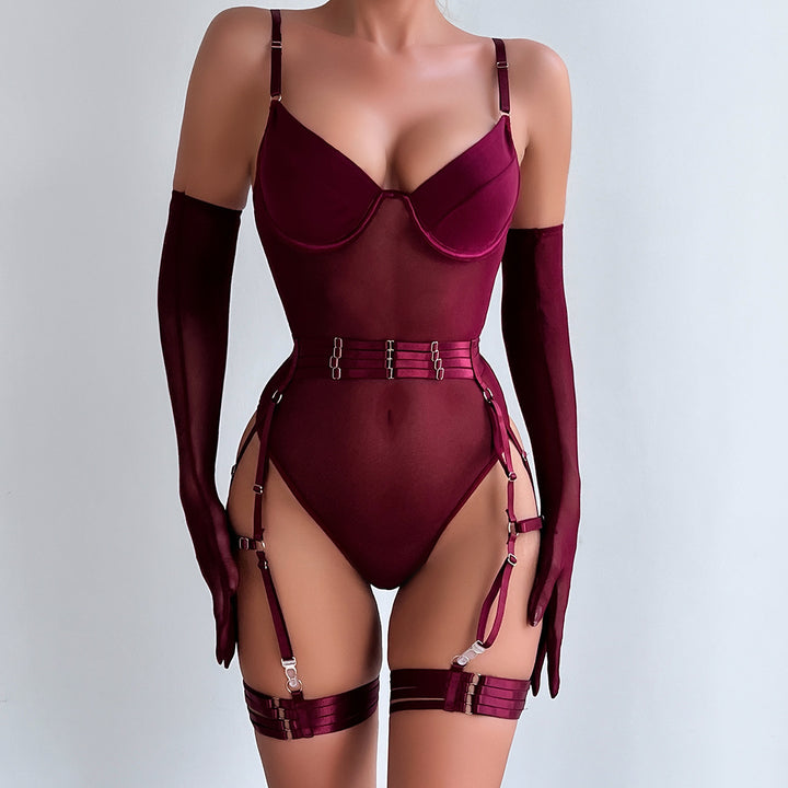 Strapped Mesh Lingerie Set – Sleek Bodysuit with Gloves