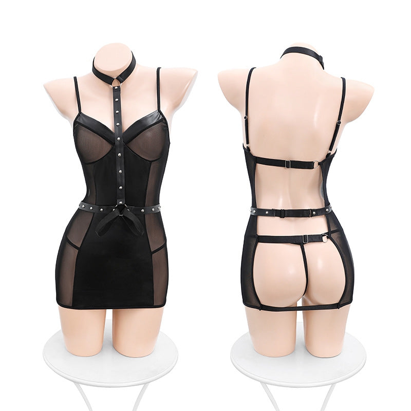 PU Leather Mesh Cutout Halter Mini Dress Lingerie Set