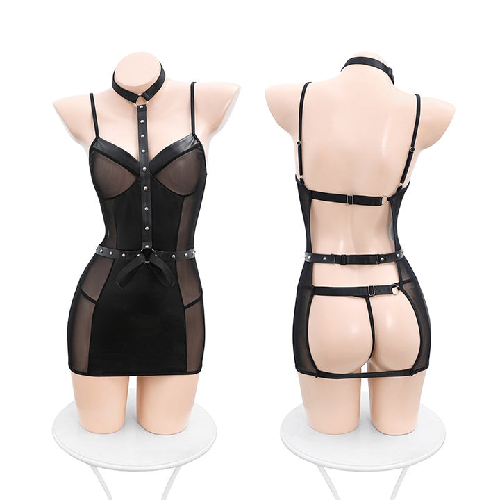 PU Leather Mesh Cutout Halter Mini Dress Lingerie Set