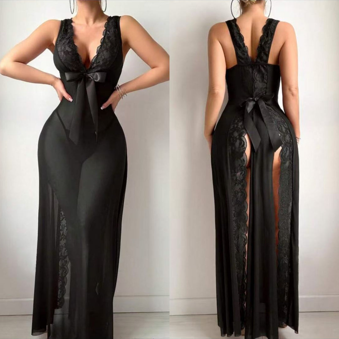 Sheer Lace Deep V Halter Maxi Nightdress