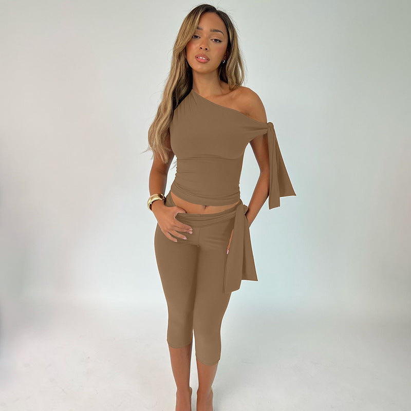 One Shoulder Tie Crop Top ＆ Capri Set