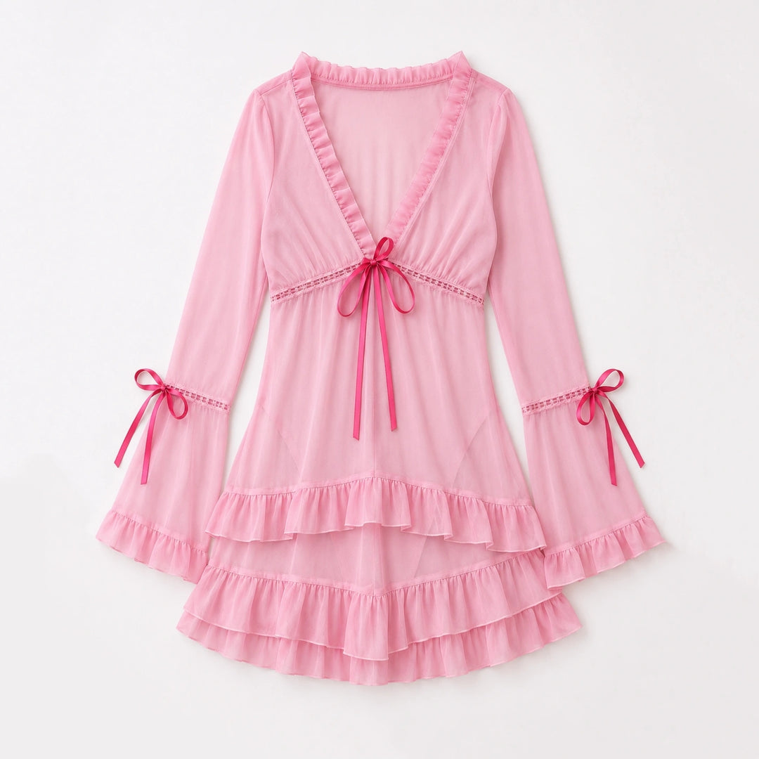 Sheer Mesh Ruffle Sleeve Dress Set