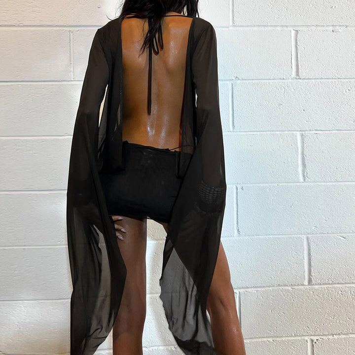 Deep Plunge Bell Sleeve Mini Dress