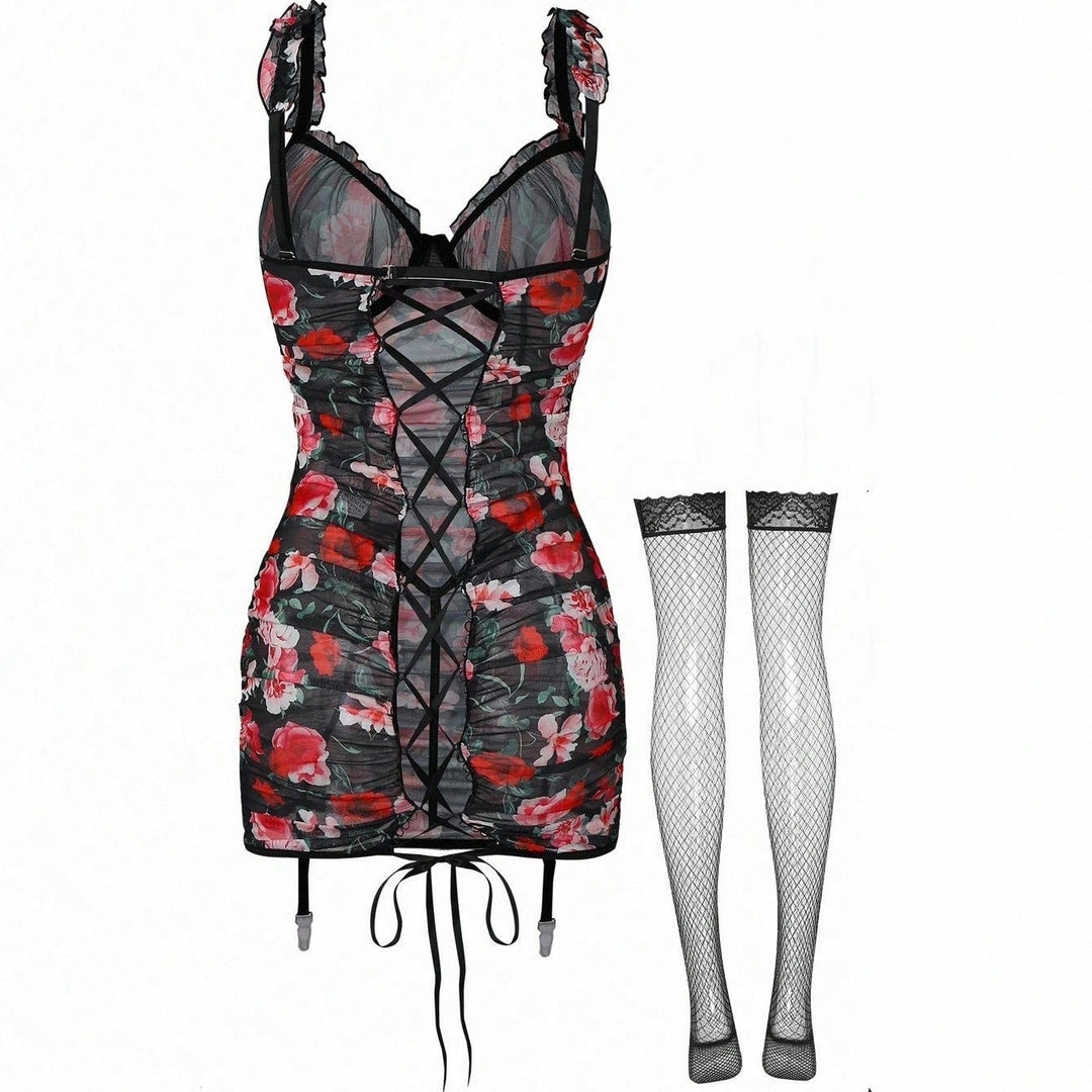 Floral Sheer Lace-Up Garter Dress
