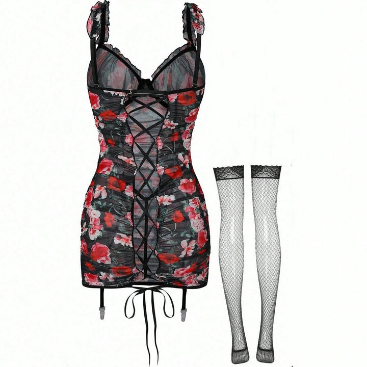 Floral Sheer Lace-Up Garter Dress