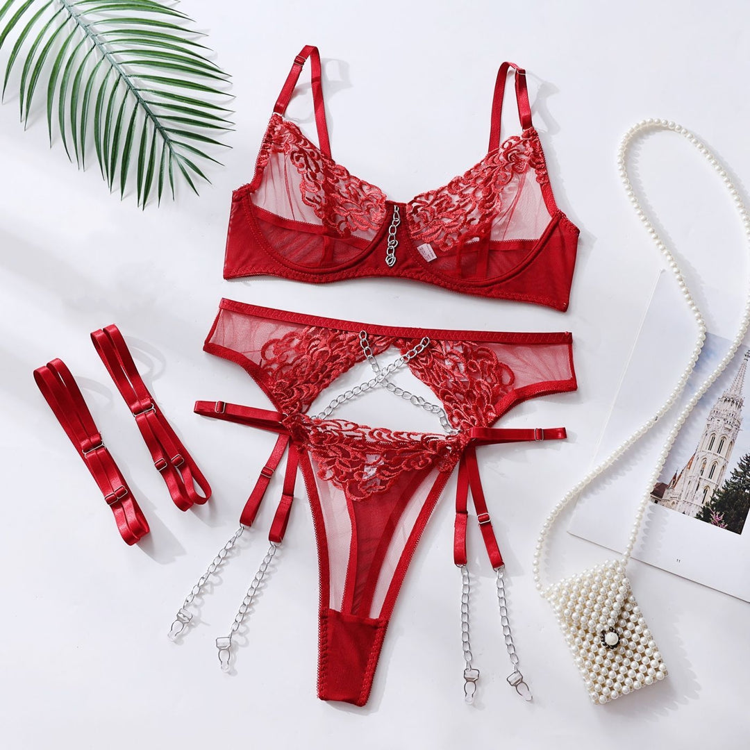 Metal Chain Embroidered Lingerie Set