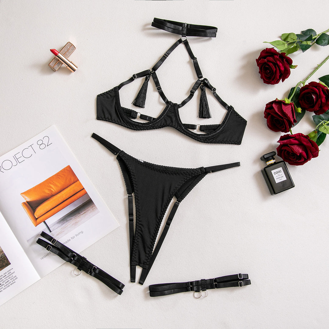 Sexy Tassel Open Cup & Crotch Lingerie Set
