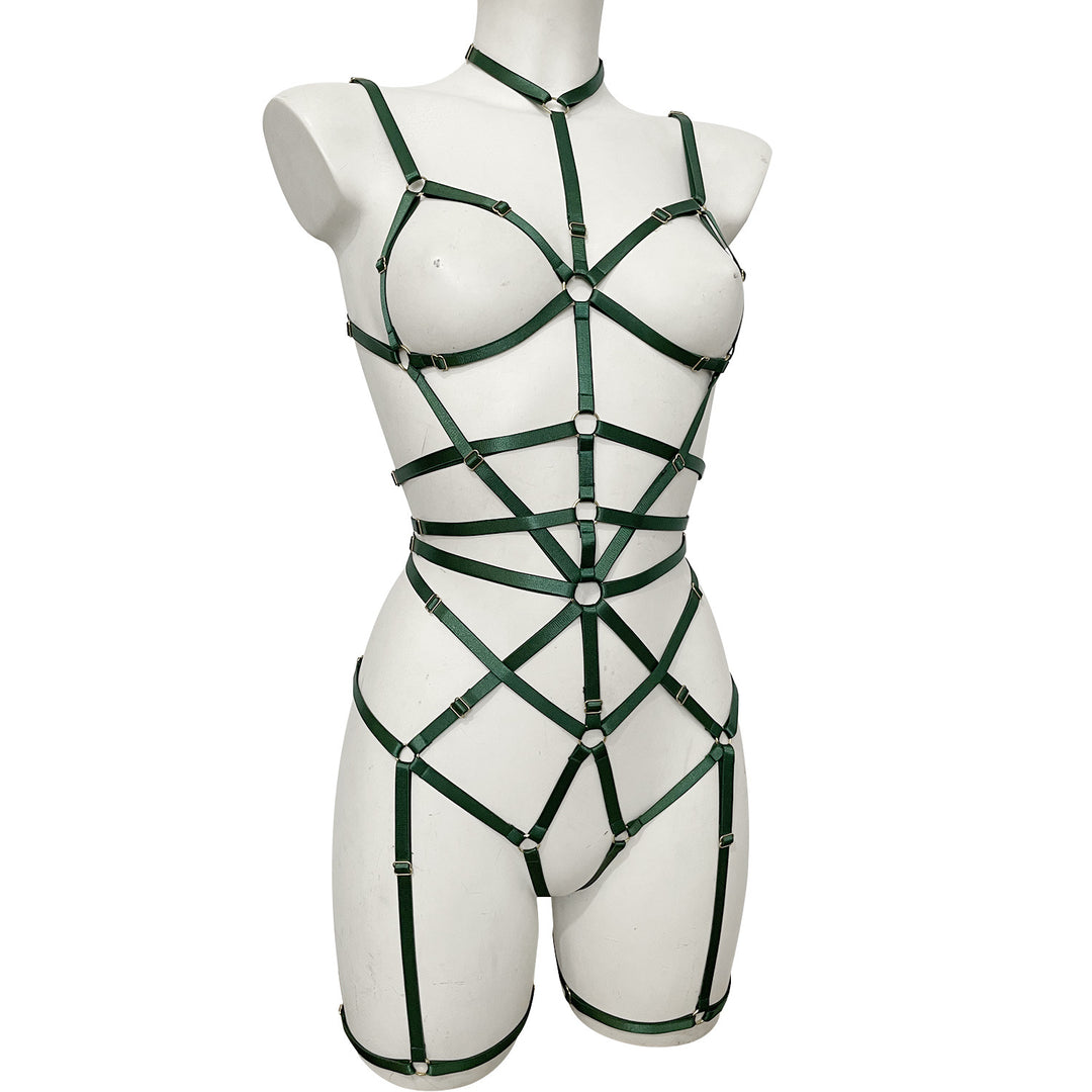 Leather Strappy Harness Bodysuit Lingerie Set
