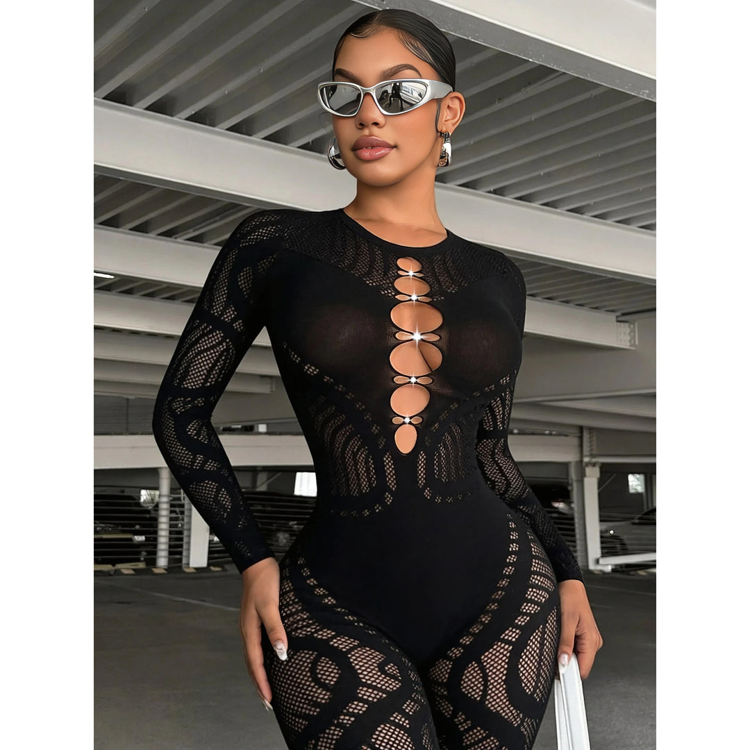 Rhinestone Cutout Catsuit