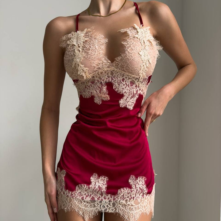 Lace Satin Cutout Chemise Set
