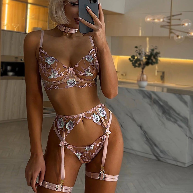 Pink Floral Embroidered Garter Set