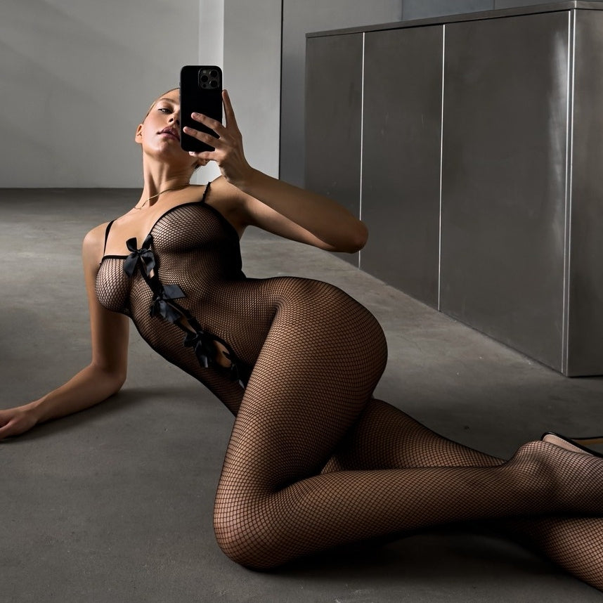 Sheer Fishnet Bow Bodystocking