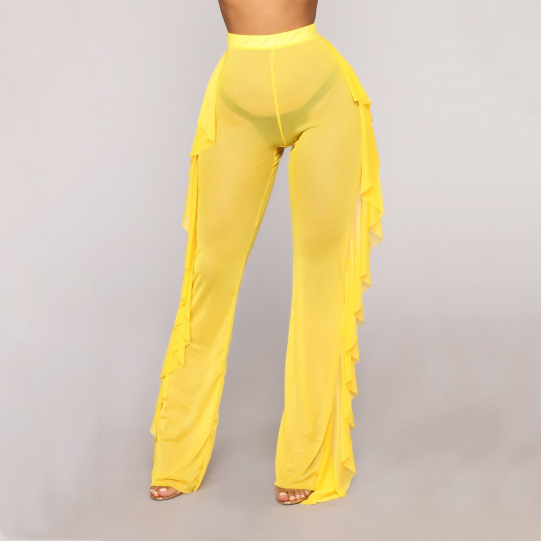 Ruffle Sheer Mesh Wide Leg Pants