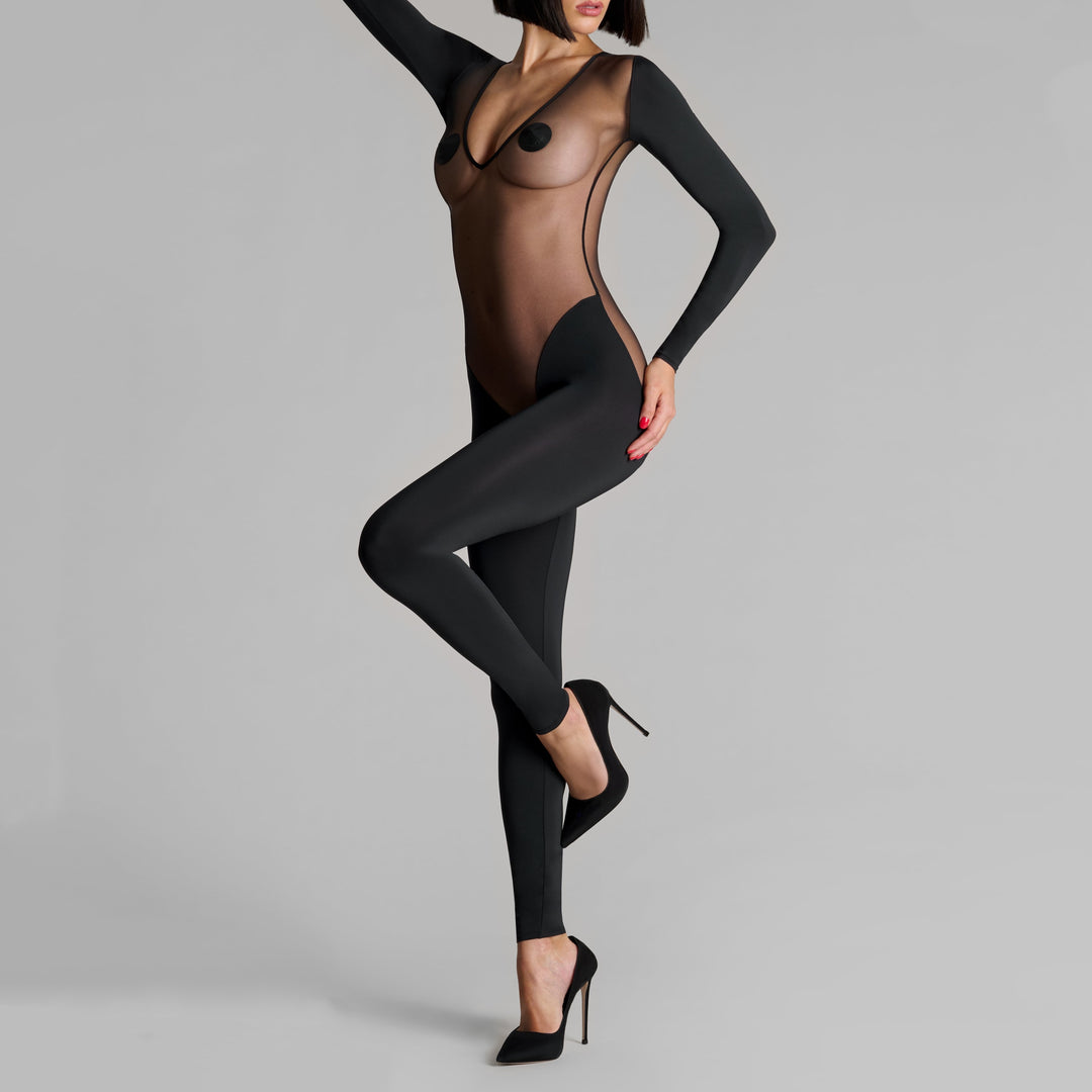 Deep V-Neck Long Sleeve Sheer Catsuit