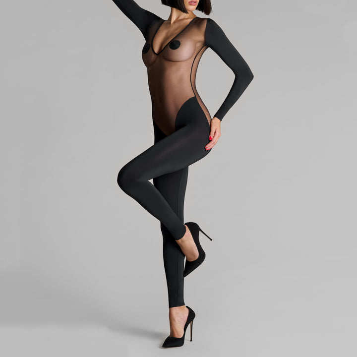 Deep V-Neck Long Sleeve Sheer Catsuit