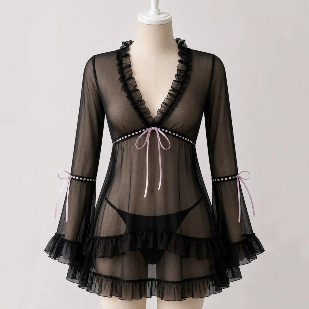 Sheer Mesh Ruffle Sleeve Dress Set