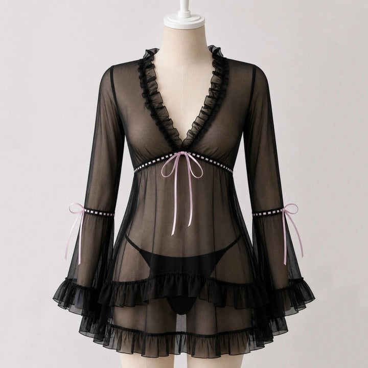 Sheer Mesh Ruffle Sleeve Dress Set