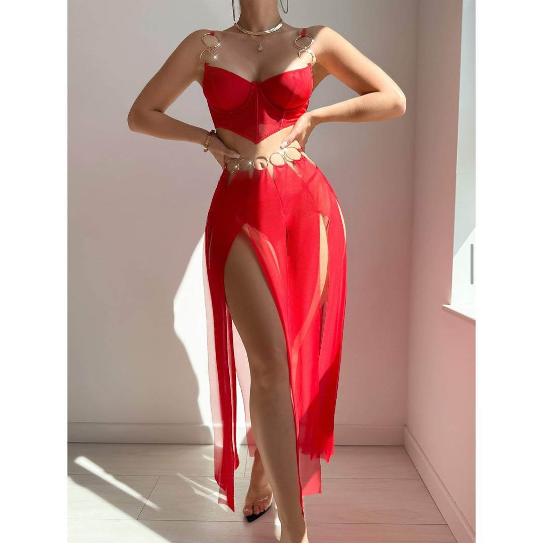 Sheer Mesh Corset Slit Maxi Lingerie Set