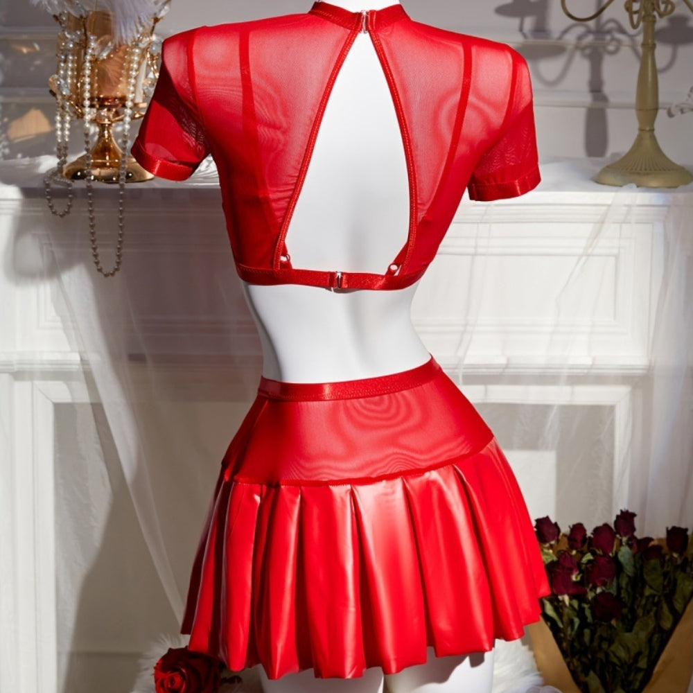 Red Mesh Pleated Skirt Set