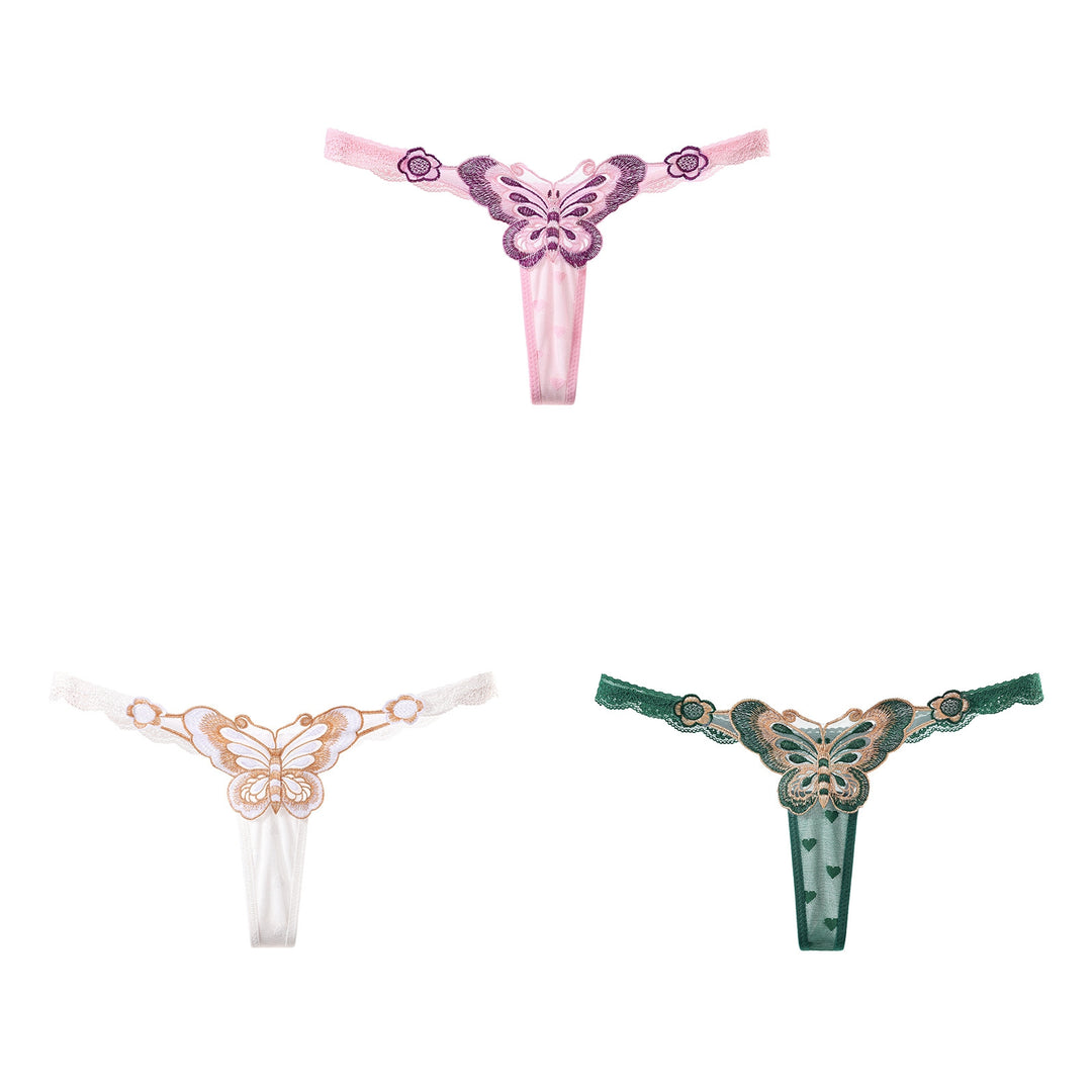 Butterfly Embroidered Sheer Lace Thong