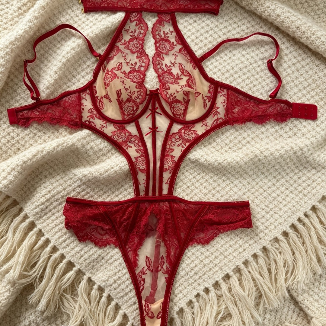 Embroidered Sheer Halter Bodysuit