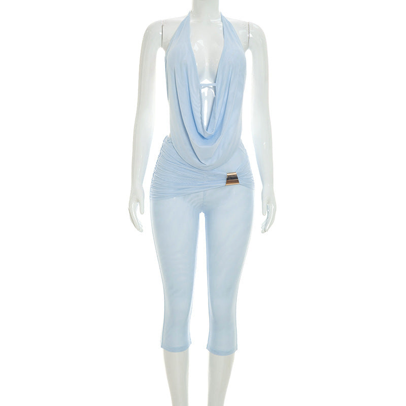 Draped Halter Backless Romper Set
